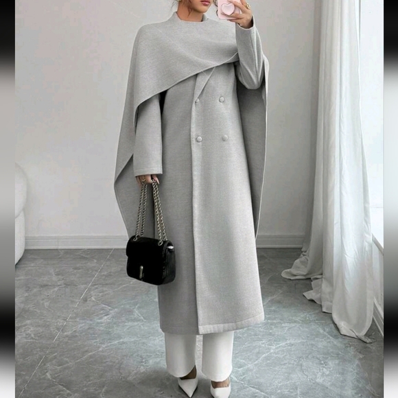 Women's Solid Color Double-Breasted Long Coat & Cape Two Pieces Set - Picture 1 of 4